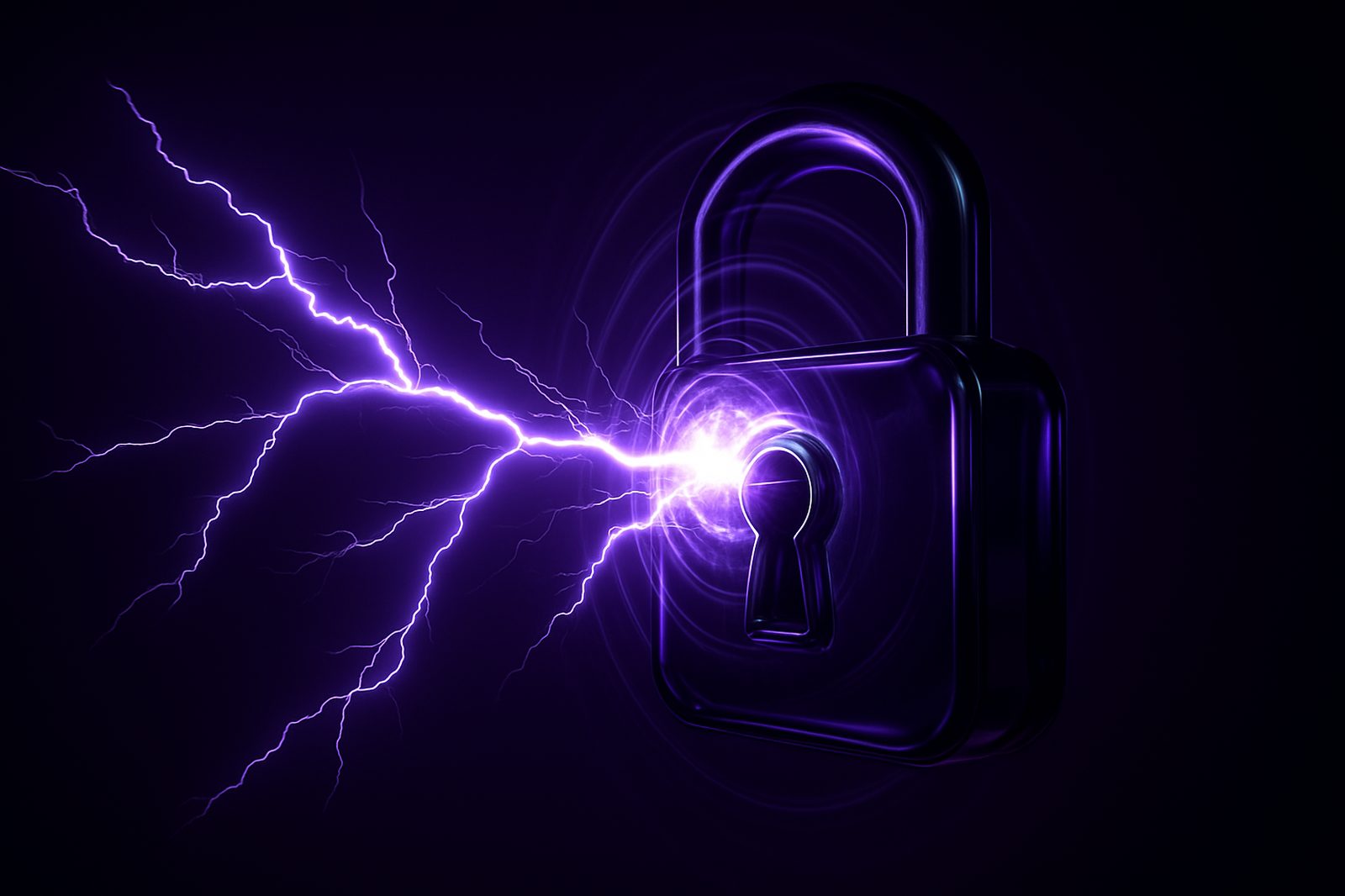 Abstract artwork: violet lightning striking a dark glass lock